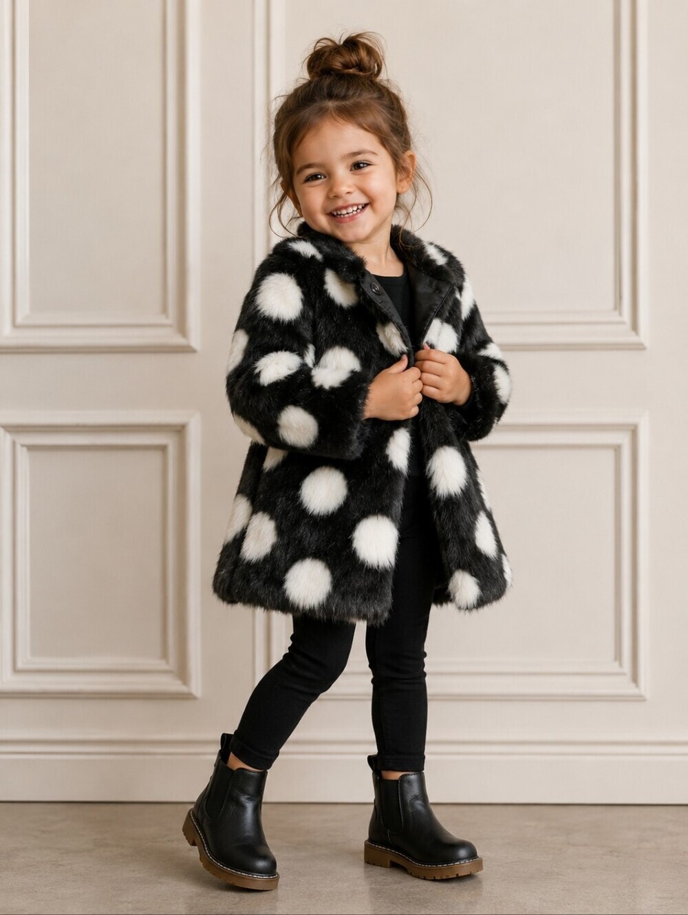 Kate SPADE Black and White Polka Dot Faux Fur Coat